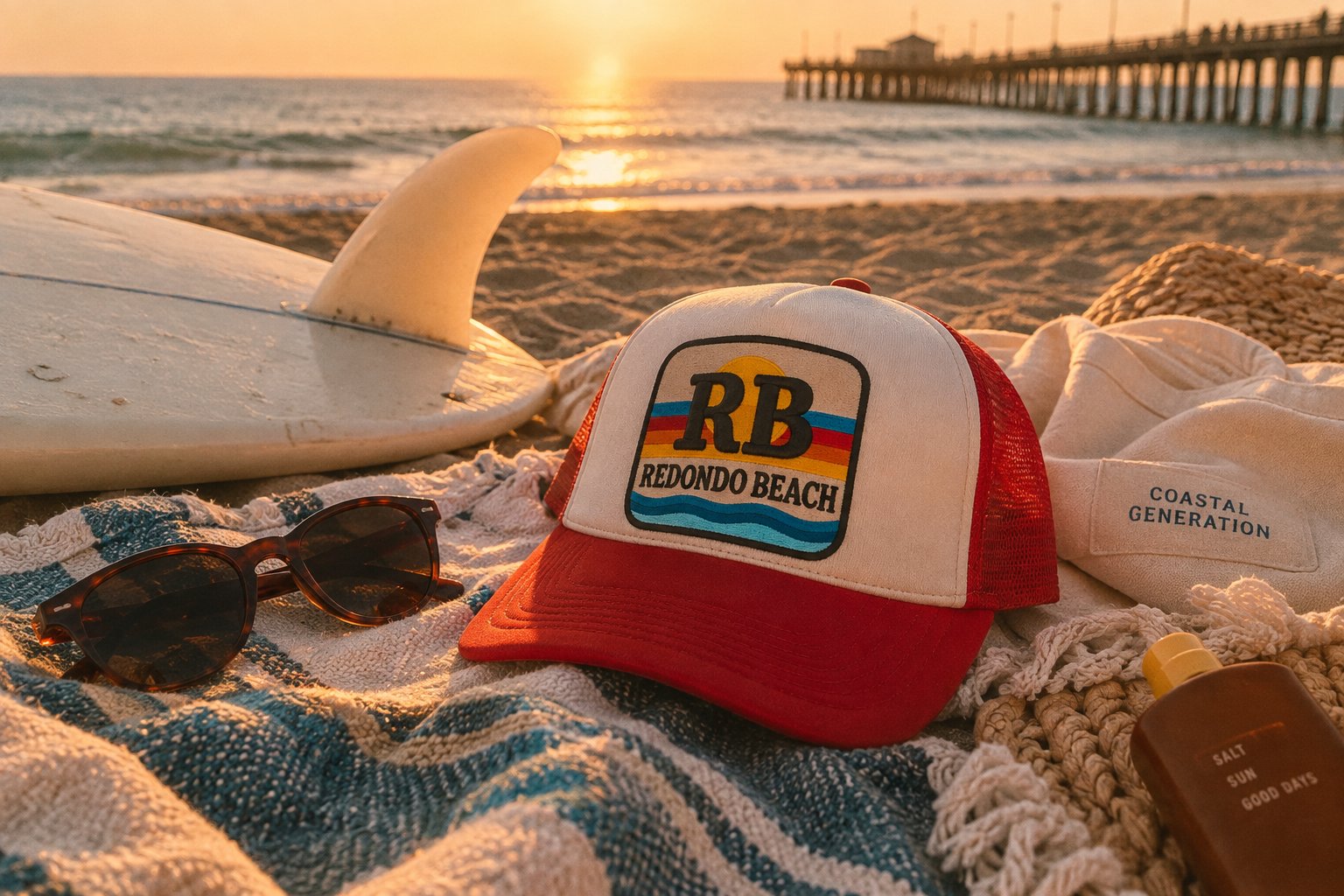 Coastal Generation gear on the beach at sunset